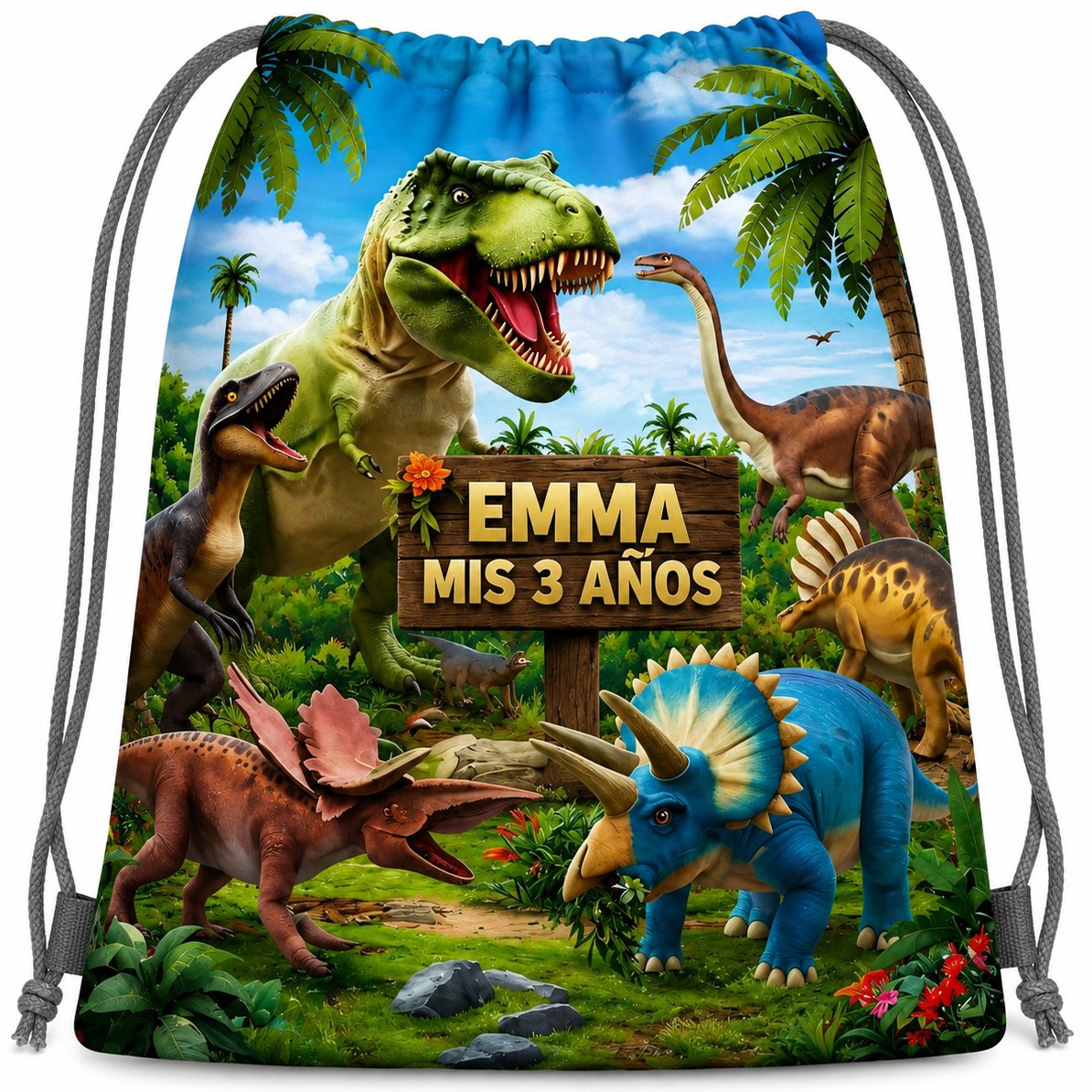 Mochila marinera full color con estampa de dinosaurios