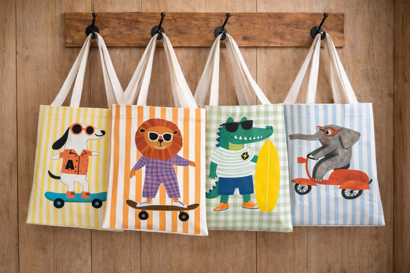 Cuatro tote bags de tela con animales ilustrados, colgadas de un perchero de madera
